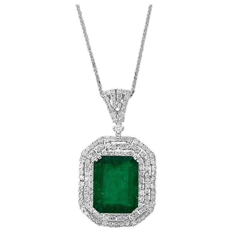 12 Carat Emerald Cut Emerald and Diamond Pendant Necklace Enhancer 18 ...