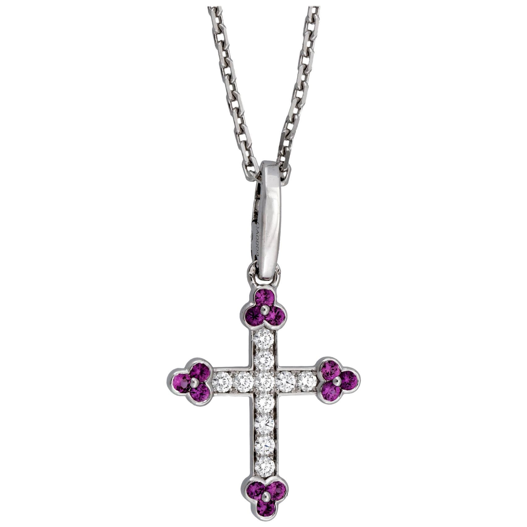 Cartier 18 Karat White Gold Ruby and Diamond Cross Necklace