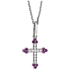 Cartier 18 Karat White Gold Ruby and Diamond Cross Necklace