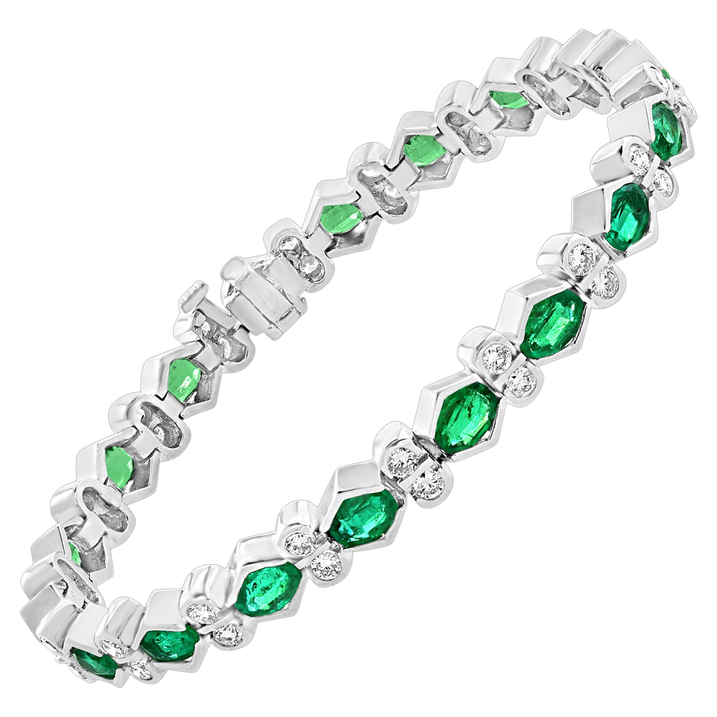 Natural Colombian Emerald & Diamond Tennis Bracelet 18 Karat White Gold, Estate