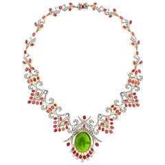 Spectacular Peridot Garnet and Diamond Set Gold Necklace