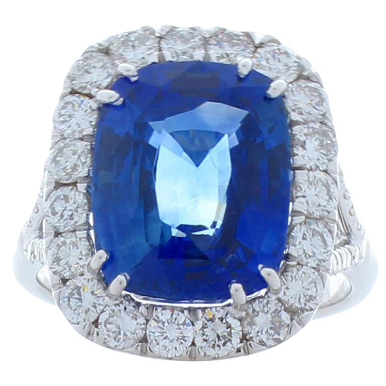 AGL Certified 7.16 Carat Cushion Cut Blue Sapphire & Diamond 18K Ring