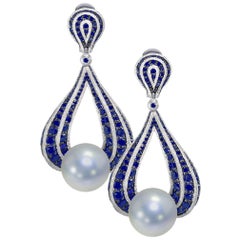 Alex Soldier Sapphire Pearl White Gold Drop Textured Earrings One of a Kind