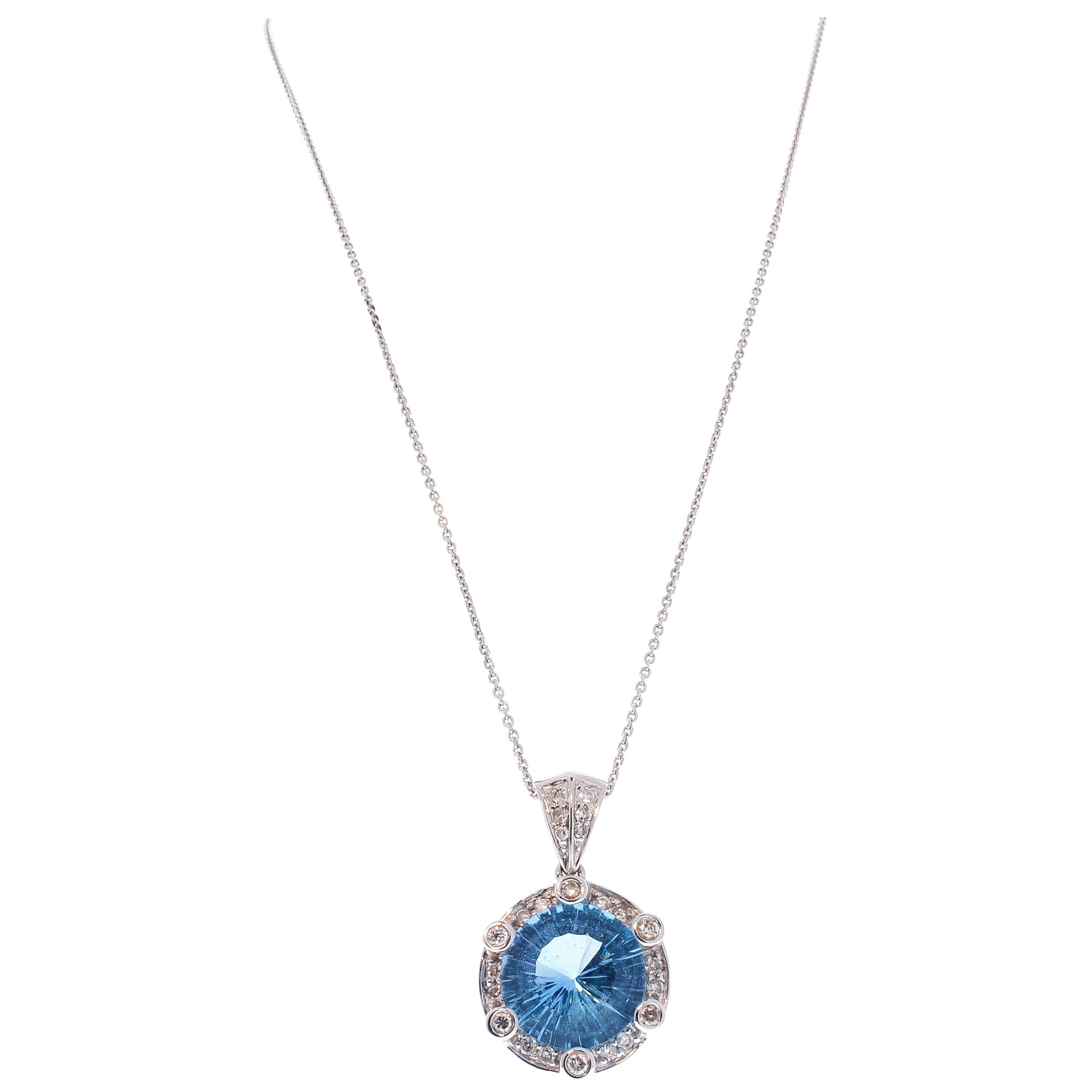 6.05 Carat Swiss Blue Topaz and Diamond Pendant Necklace in 14 Karat White Gold