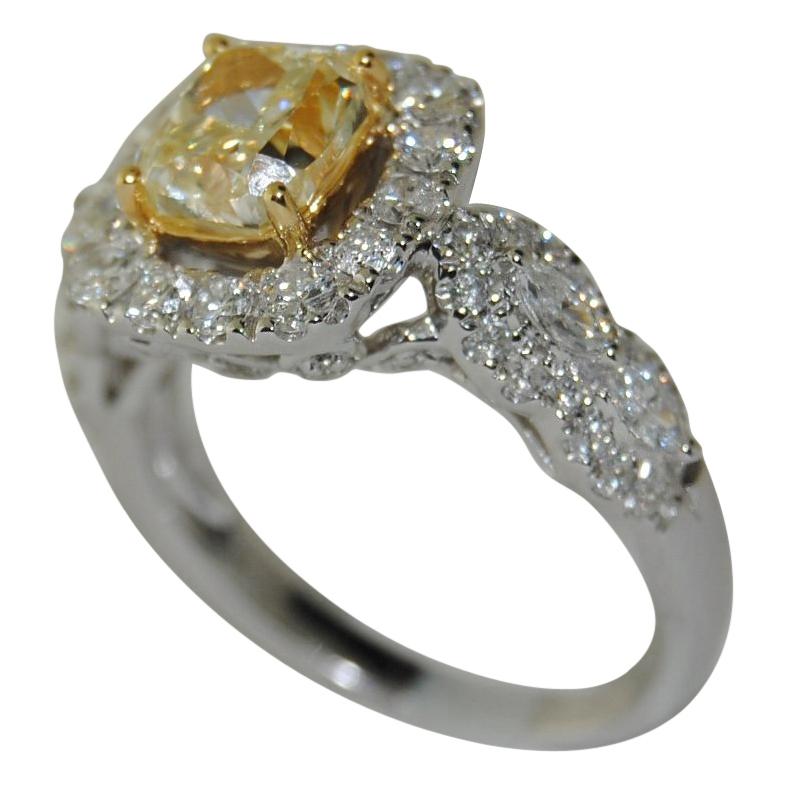  2.74 Carat Fancy Yellow and White Diamond Ring in 18 Karat White Gold For Sale