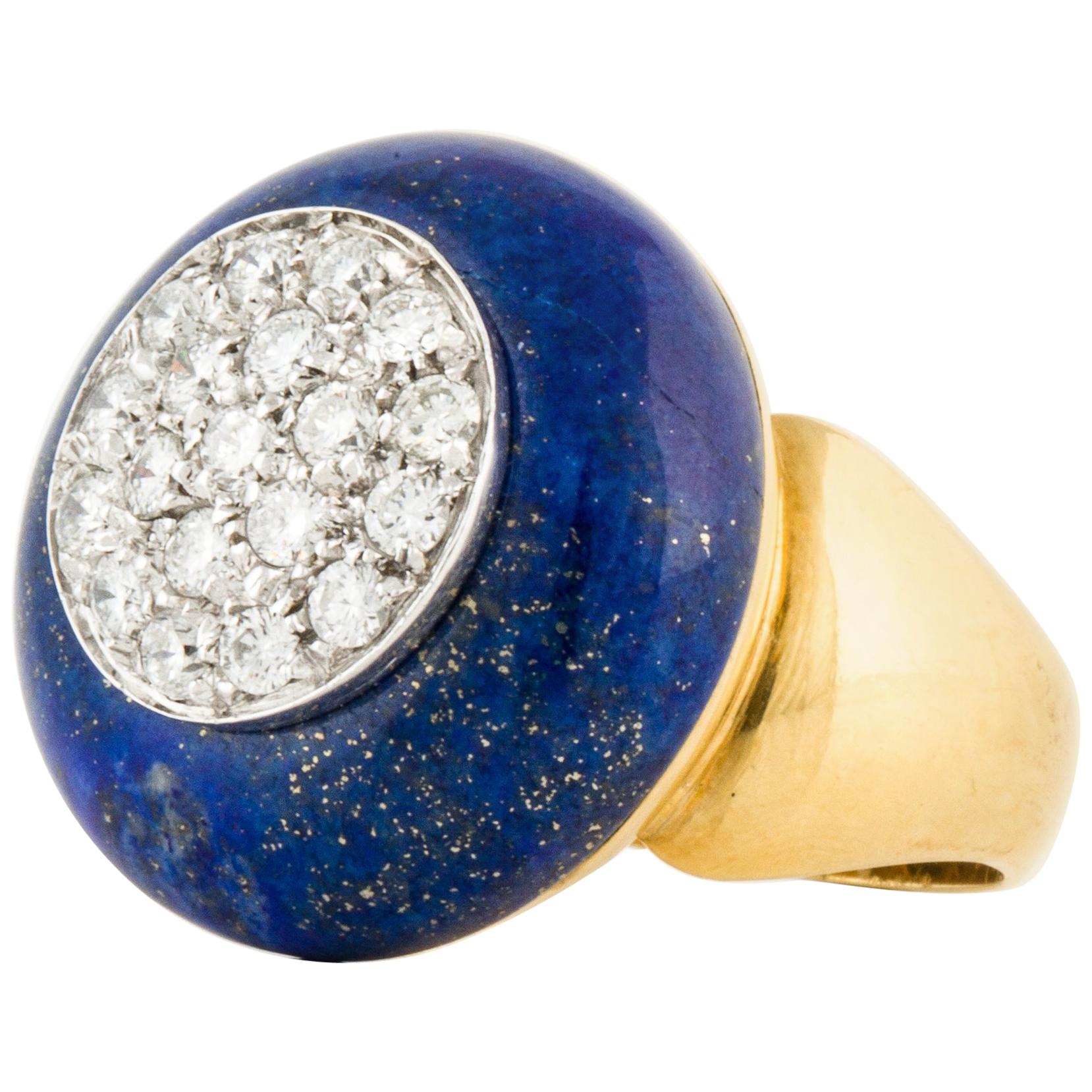 Lapis Disc with Pavé Diamonds Ring in 18K Gold For Sale