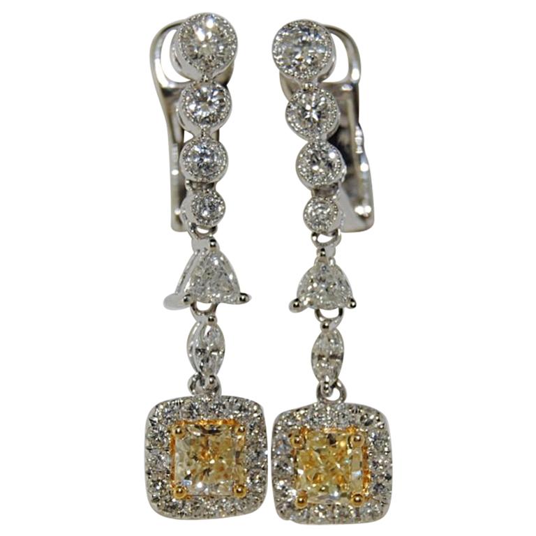 2.13 Carat Fancy Yellow Diamond Earrings, 18 Karat White Gold For Sale