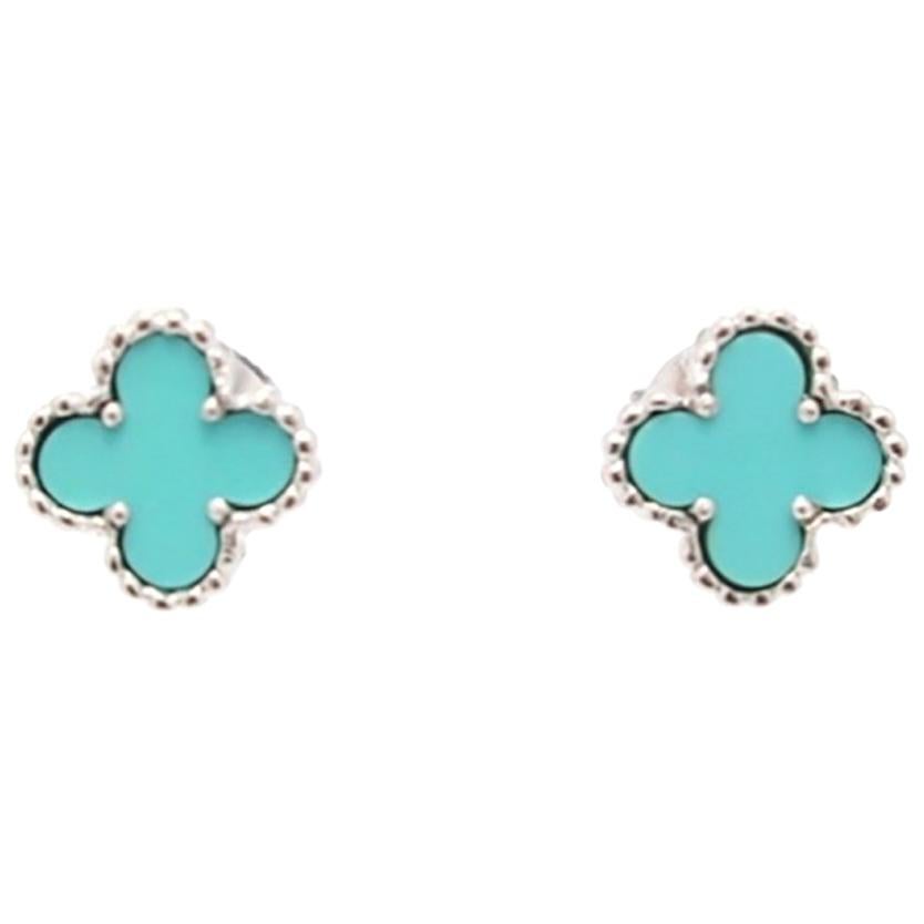 Van Cleef & Arpels Sweet Alhambra Earstuds White Gold Turquoise Earrings For Sale