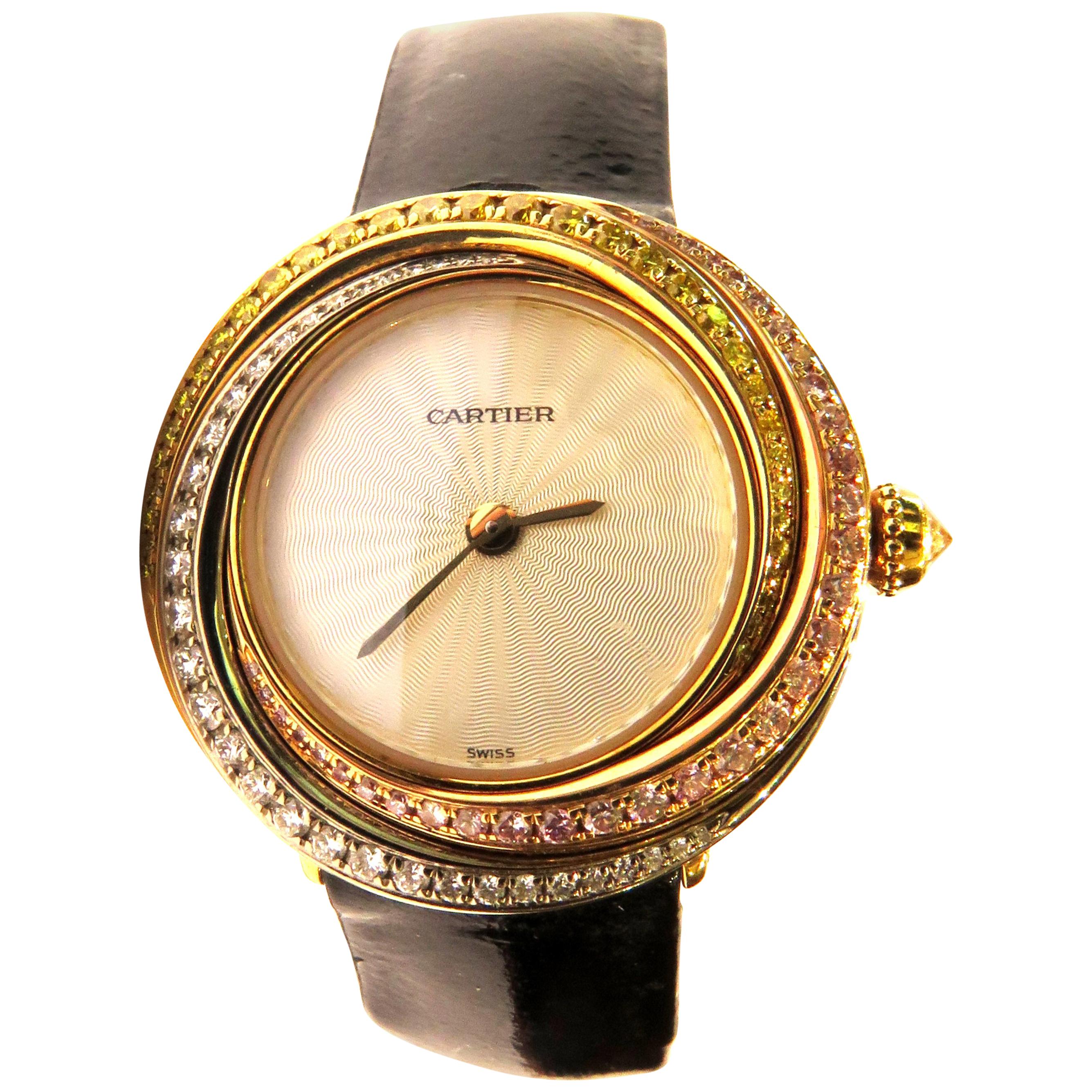 Cartier Pink White Yellow Diamonds and Gold Trinity Collection Quartz Watch For Sale