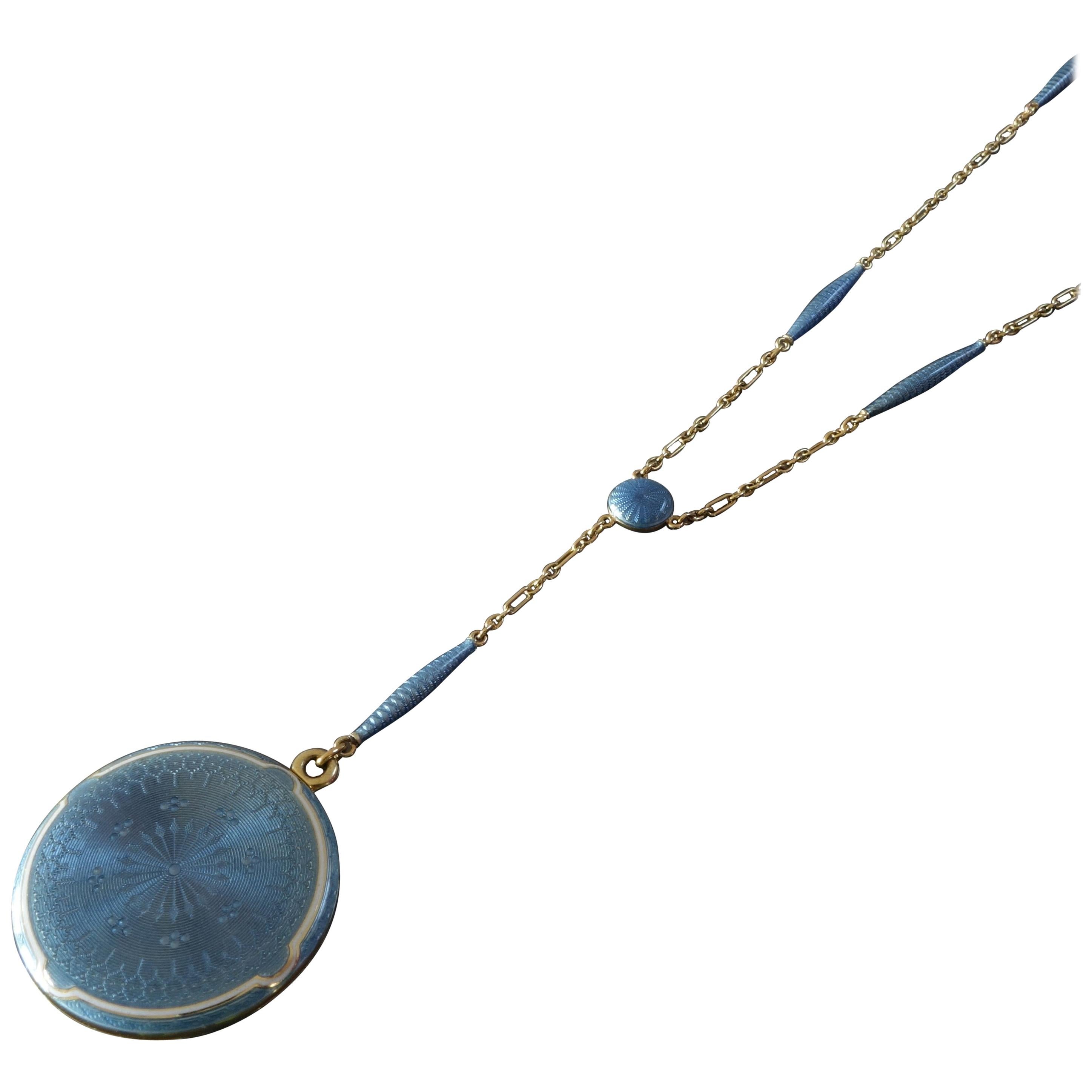 Antique Late Victorian Edwardian Blue Guilloche Enamel Gold Locket Pendant For Sale
