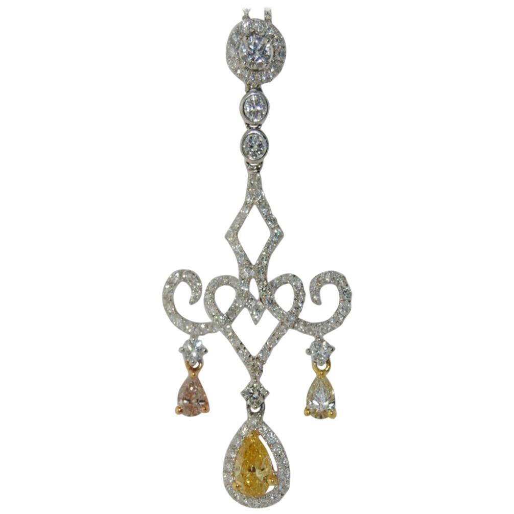  Fancy Yellow Pear Shape Diamond Pendant in 18 Karat White Gold For Sale