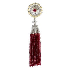 Collier pendentif en or blanc 18 carats avec perles de rubis et diamants de 75,13 carats au total
