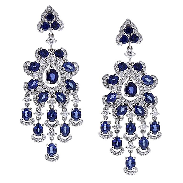 6.71 Carat Oval Blue Sapphire and Diamond Earrings in 18 Karat White Gold