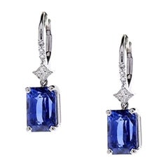 5.96 Carat Total Radiant Cut Blue Sapphire & Diamond Earrings In 14K White Gold