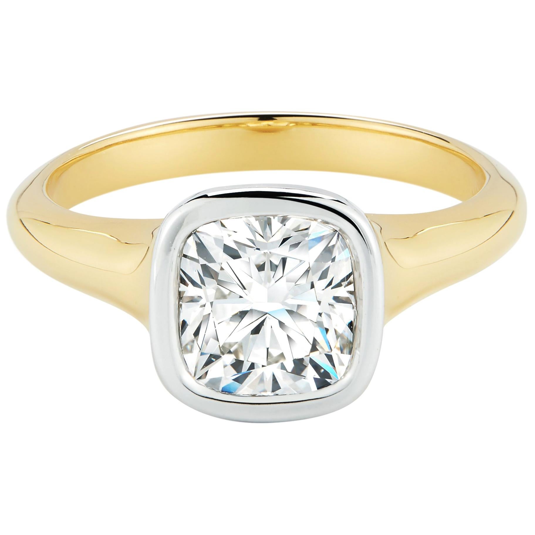1.71 Carat Cushion Cut Diamond Gold and Platinum Engagement Ring For Sale