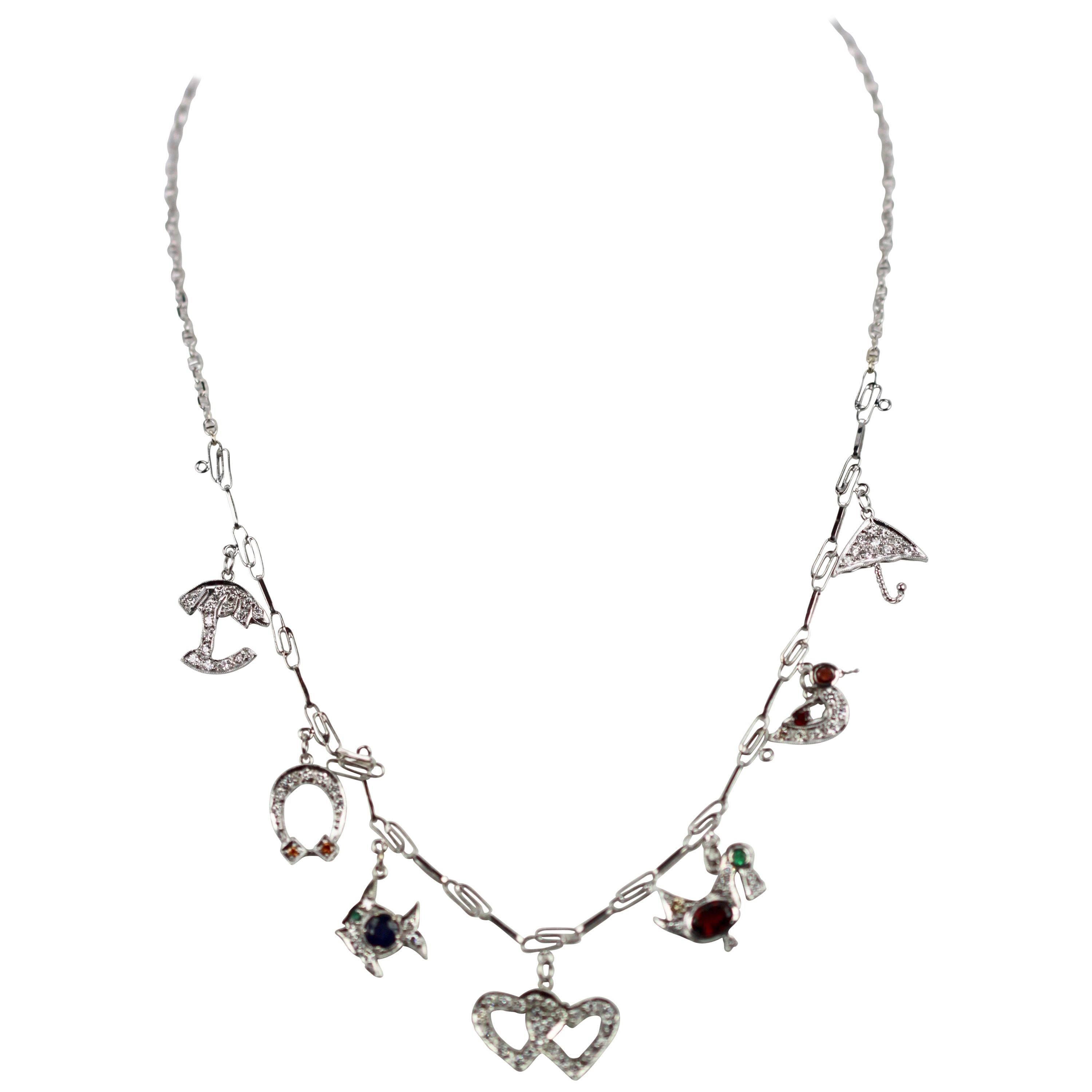 Platinum Deco Diamond Sapphire Garnet Ruby Emerald Topaz Charm Necklace