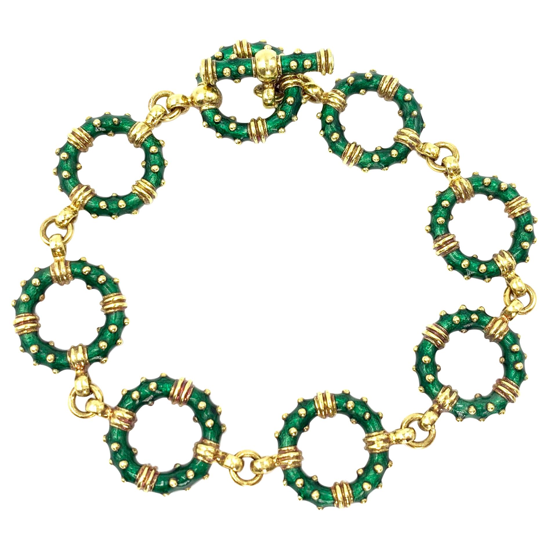 Hidalgo 18 Karat Green Enamel Circle Linked Bracelet For Sale