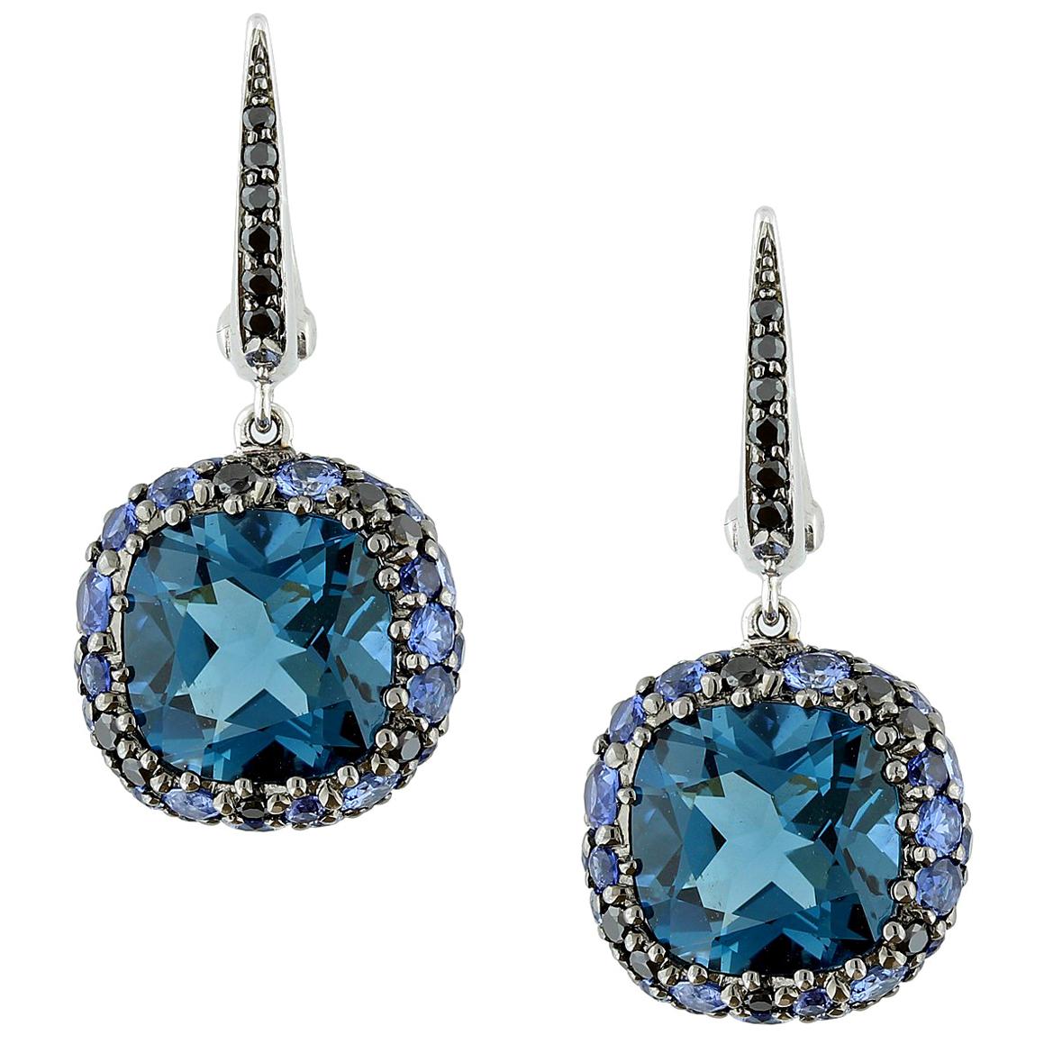 London Blue Topaz Sapphire Black Diamond Gold Cluster Drop Earrings