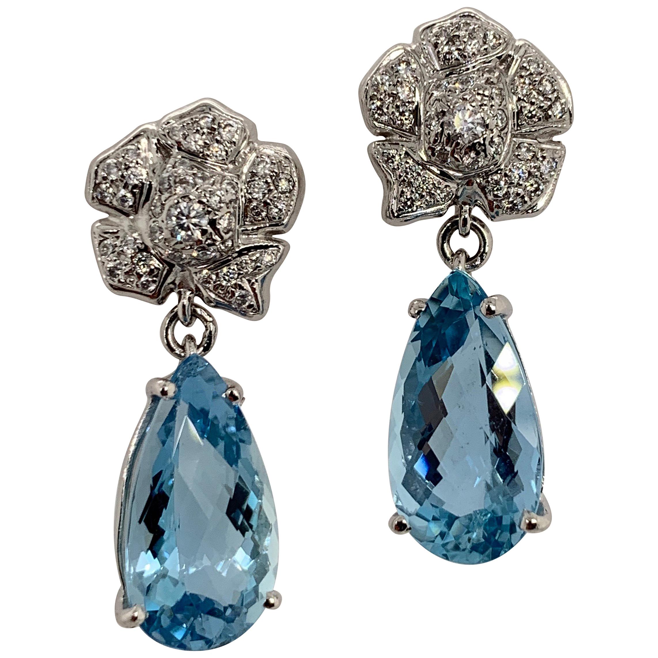 Gold Earrings 7 Carat Natural Round Diamond and Pear Shape Aquamarine
