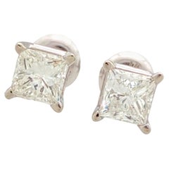 14 Karat White Gold 1 Carat Princess Cut Diamond Stud Screwback Earrings