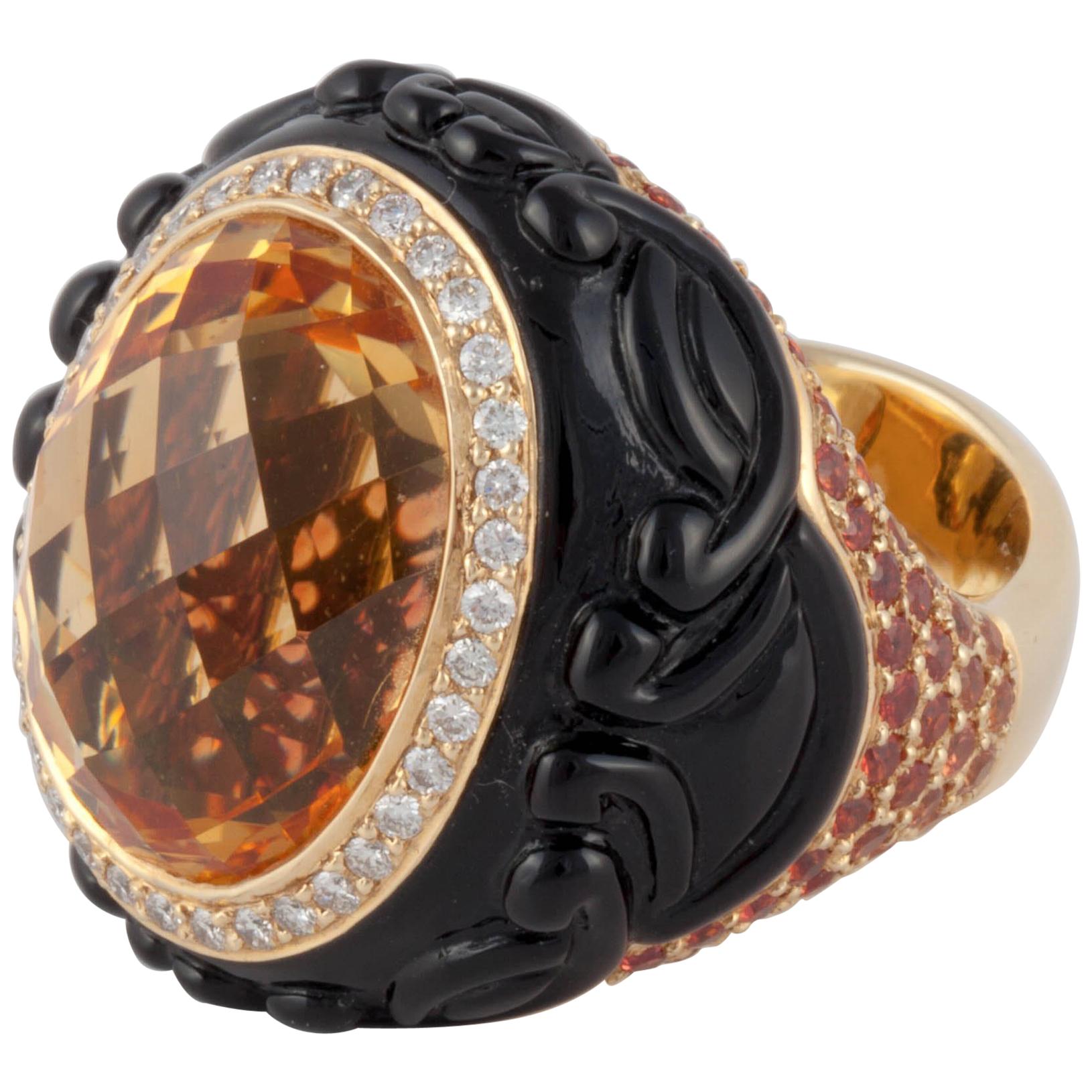 Carved Onyx, Citrine and Orange Sapphire Ring in 18 Karat Yellow Gold