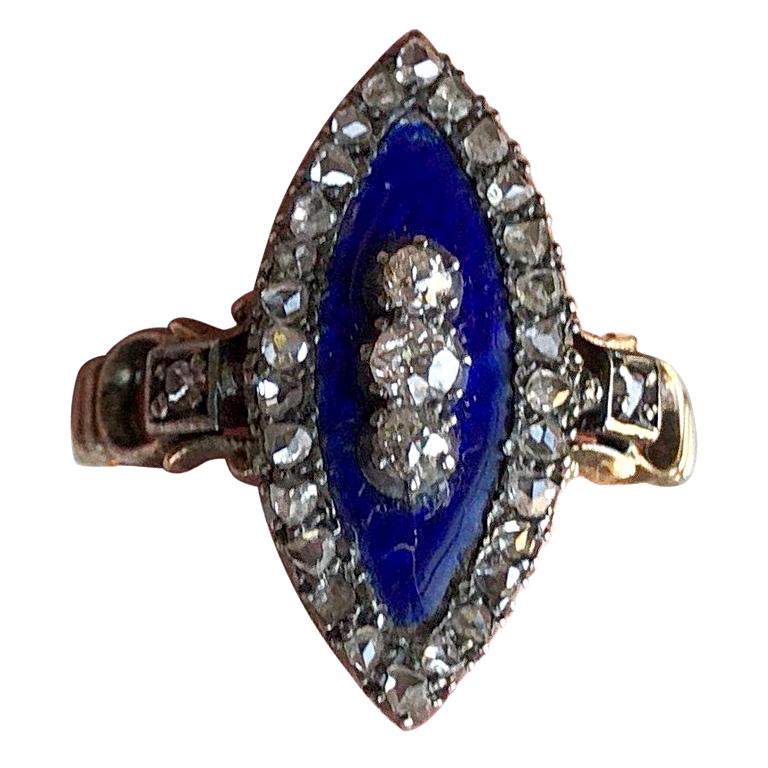 Late Georgian Blue Enamel and Diamond 18 Karat Gold Ring