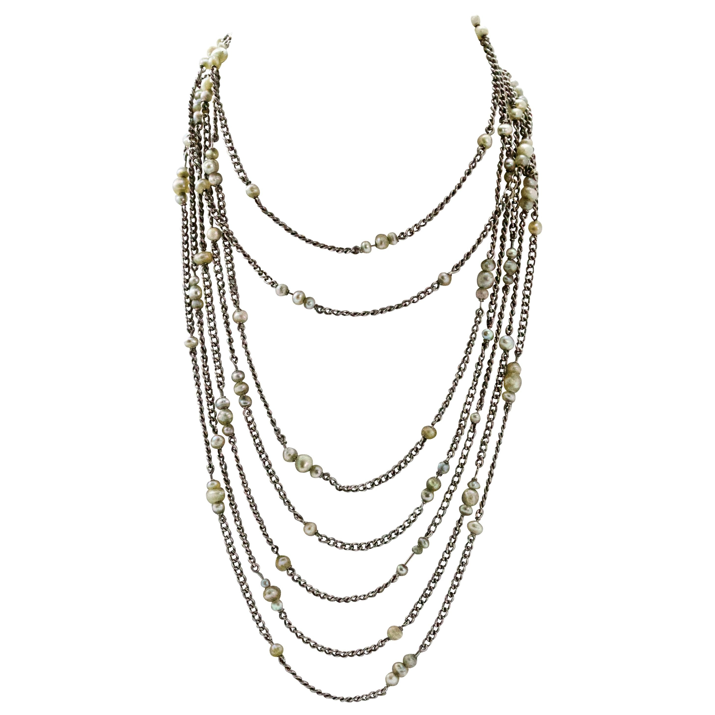 Platinum and Pearl Long Guard Art Deco Chain For Sale