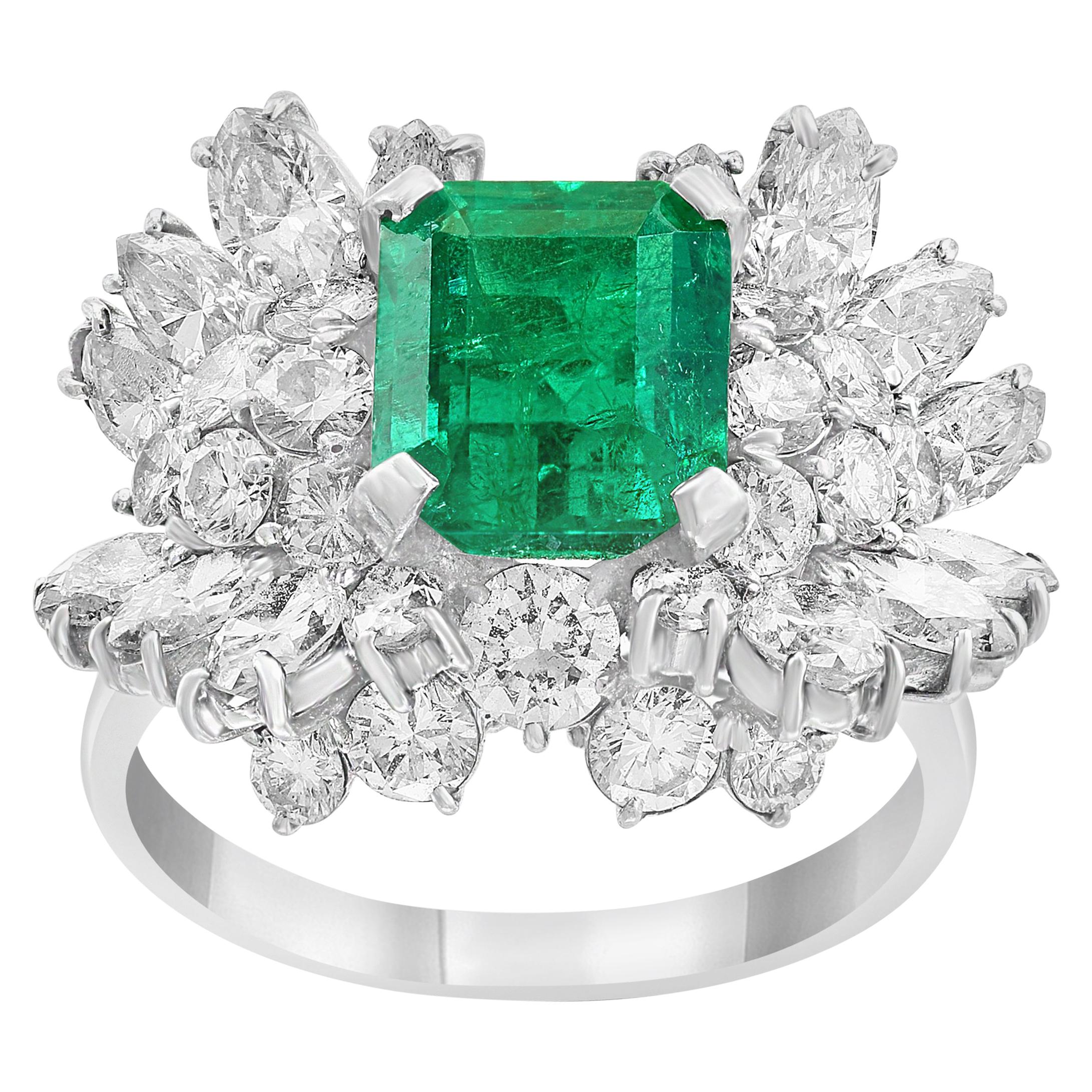 2.5 Carat Emerald Cut Colombian Emerald and Diamond 18 Karat Gold Ring Estate