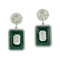 Diamonds Inlaid Into White Quartz and Emerald Cut Fusion Emerald Earrings 