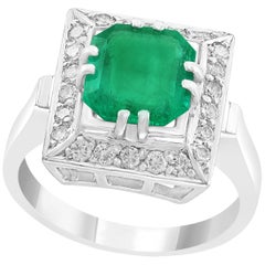 3 Carat Emerald Cut Colombian Emerald and Diamond 18 Karat Gold Ring Estate