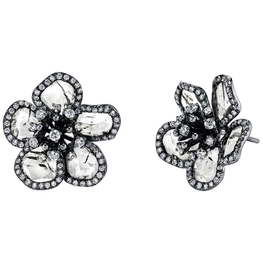 Flat Diamond with Brilliant Cut Diamond Flower Studs  For Sale