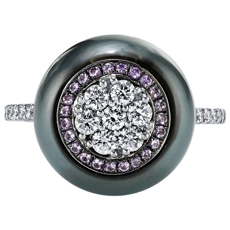 Tahitian Pearl Ring with a Diamond and Amethyst Inlay  For Sale