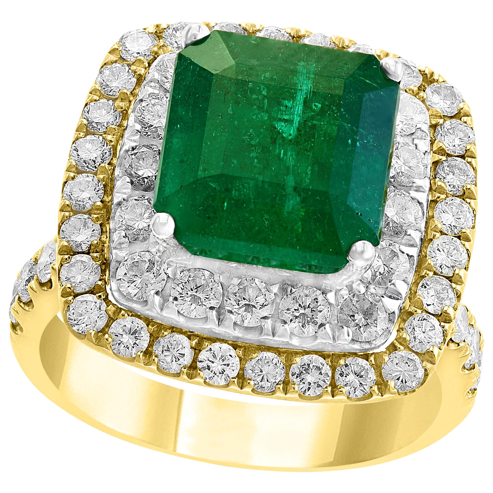 4.5 Carat Emerald Cut Colombian Emerald and Diamond Two-Tone 18 Karat Gold Ring