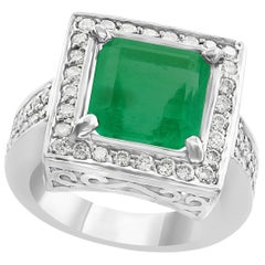 4 Carat Emerald Cut Colombian Emerald and Diamond Ring 14 Karat Gold Estate