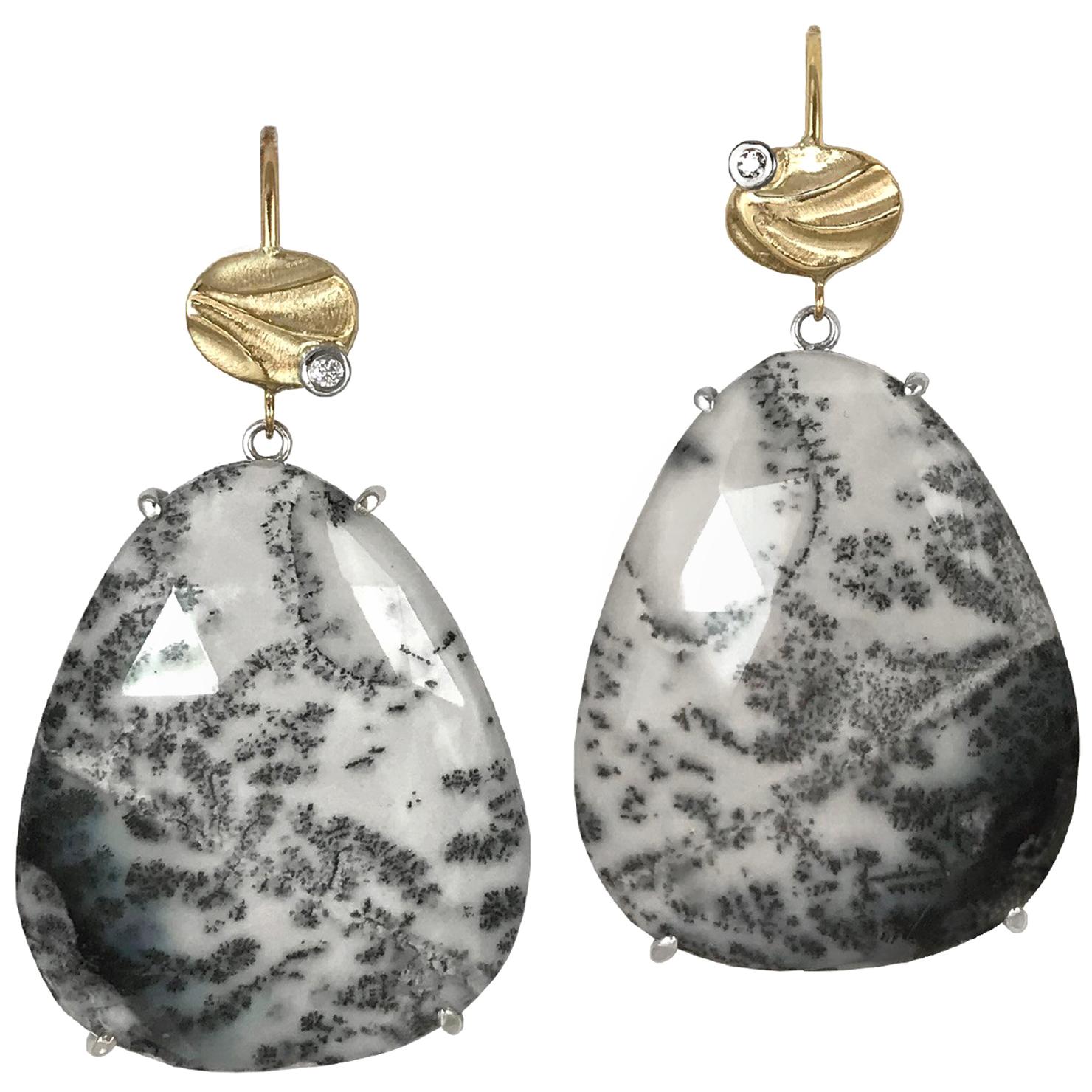 Large Black and White Dendritic Opal Earrings made from 14K Yellow Gold, Silver For Sale