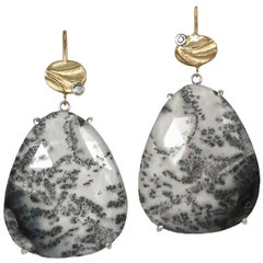 Large Black and White Dendritic Opal Earrings made from 14K Yellow Gold, Silver