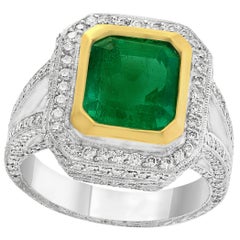 3.8 Carat Emerald Cut Colombian Emerald and Diamond Ring Platinum, Two-Tone