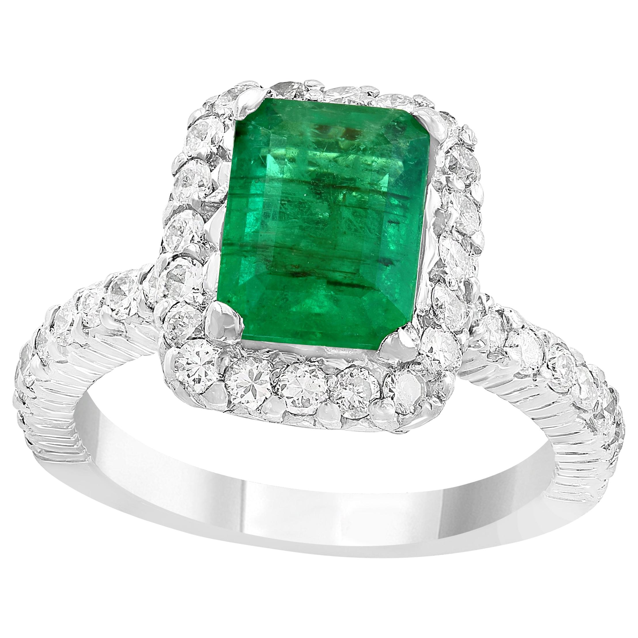 4.1 Carat Emerald Cut Colombian Emerald and Diamond Ring Platinum, Estate