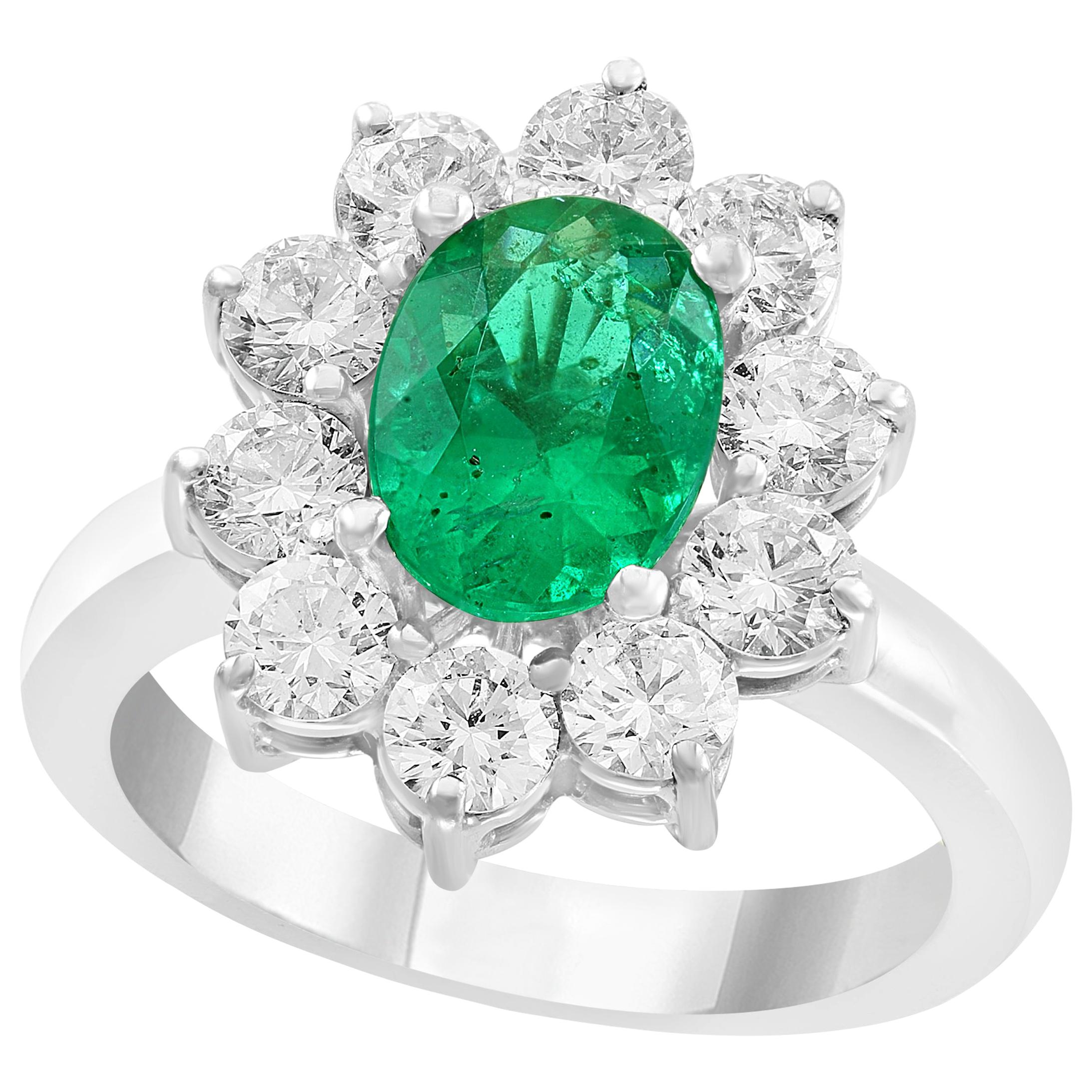 3 Carat Oval Cut Colombian Emerald and Diamond 18 Karat Gold Ring Estate