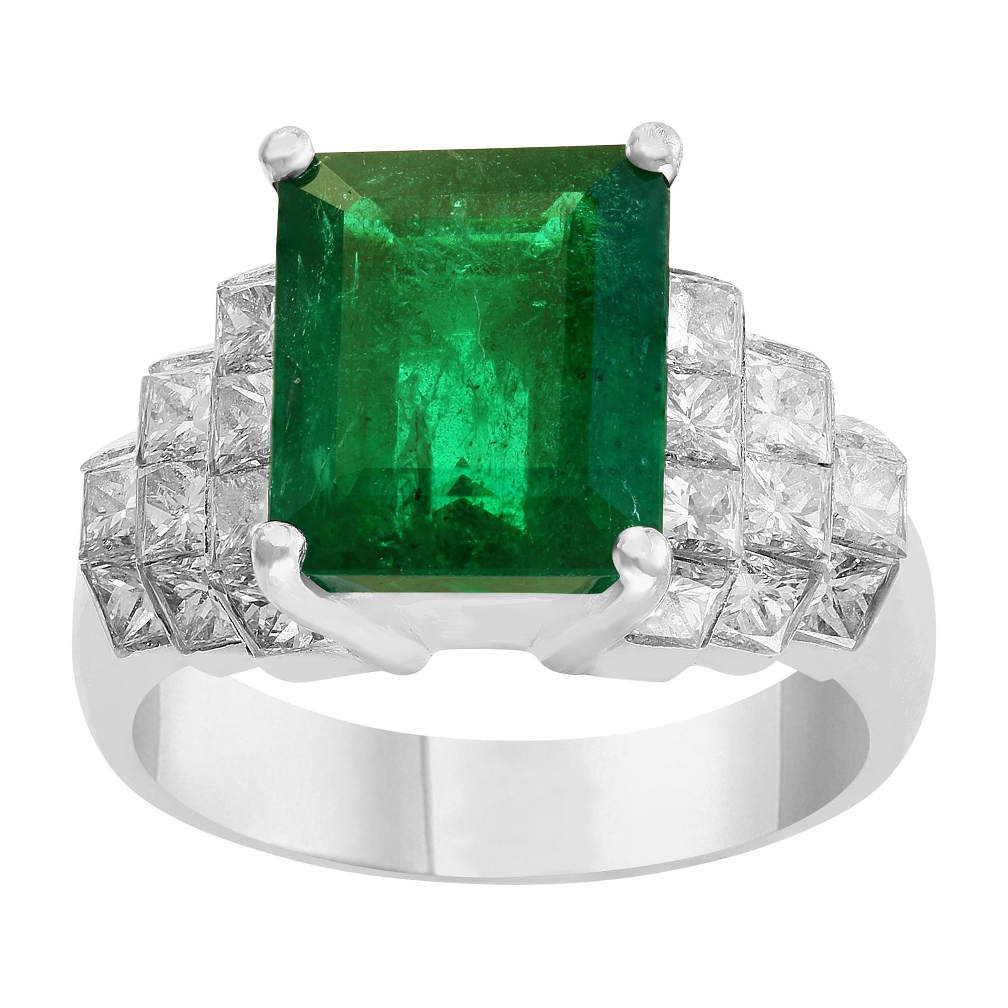5 Carat Emerald Cut Emerald and Diamond Ring Platinum, Estate