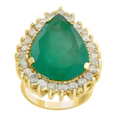 Antique 16 Carat Pear Cut Emerald and Diamond 14 Karat Gold Cocktail Ring, Estate