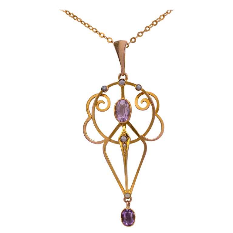 Antique Amethyst Pearl Pendant Necklace, circa 1910 For Sale at 1stDibs