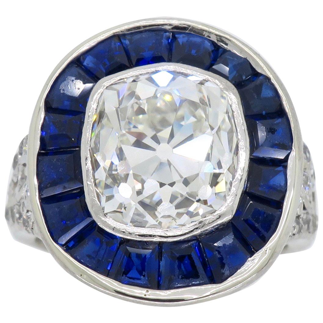 Art Deco Style Diamond and Blue Sapphire Ring in Platinum