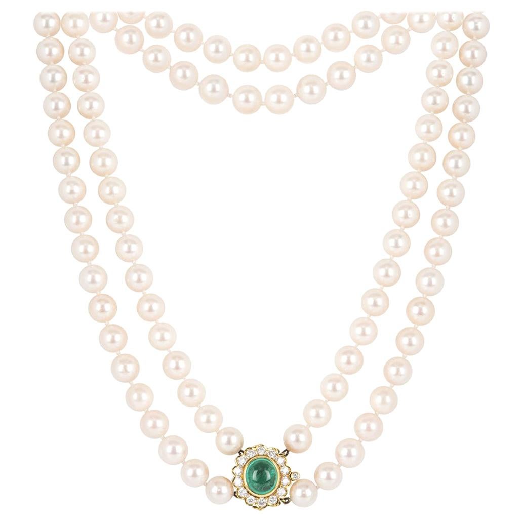 Multi-Strand Pearl Necklace with Columbian Emerald and Diamonds