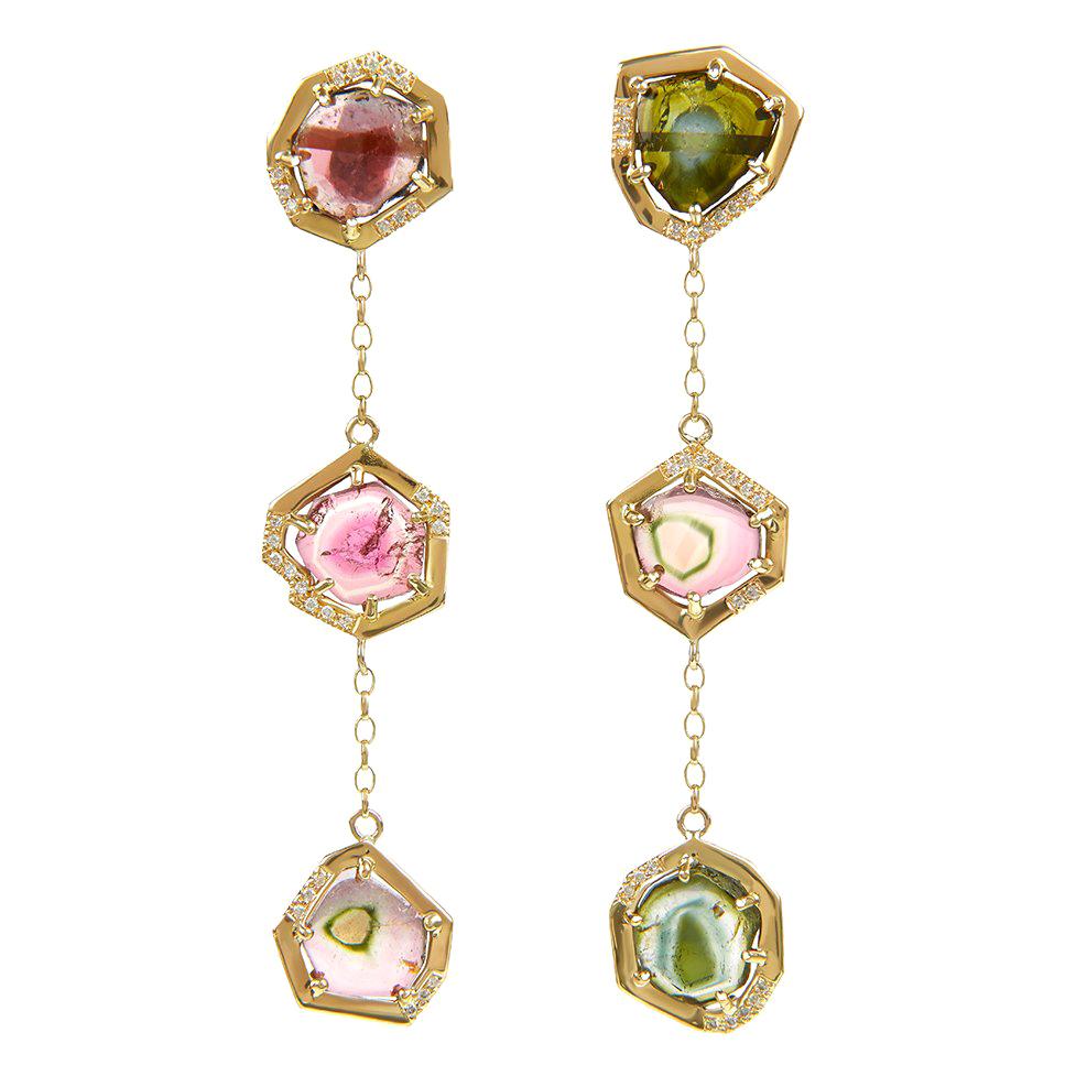 18ct Yellow Gold, Watermelon Tourmaline and Diamond Earrings For Sale