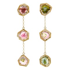 18ct Yellow Gold, Watermelon Tourmaline and Diamond Earrings
