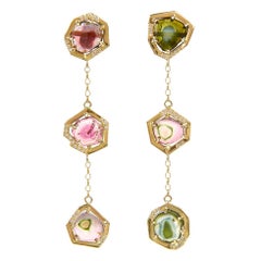 18ct Yellow Gold, Watermelon Tourmaline and Diamond Earrings