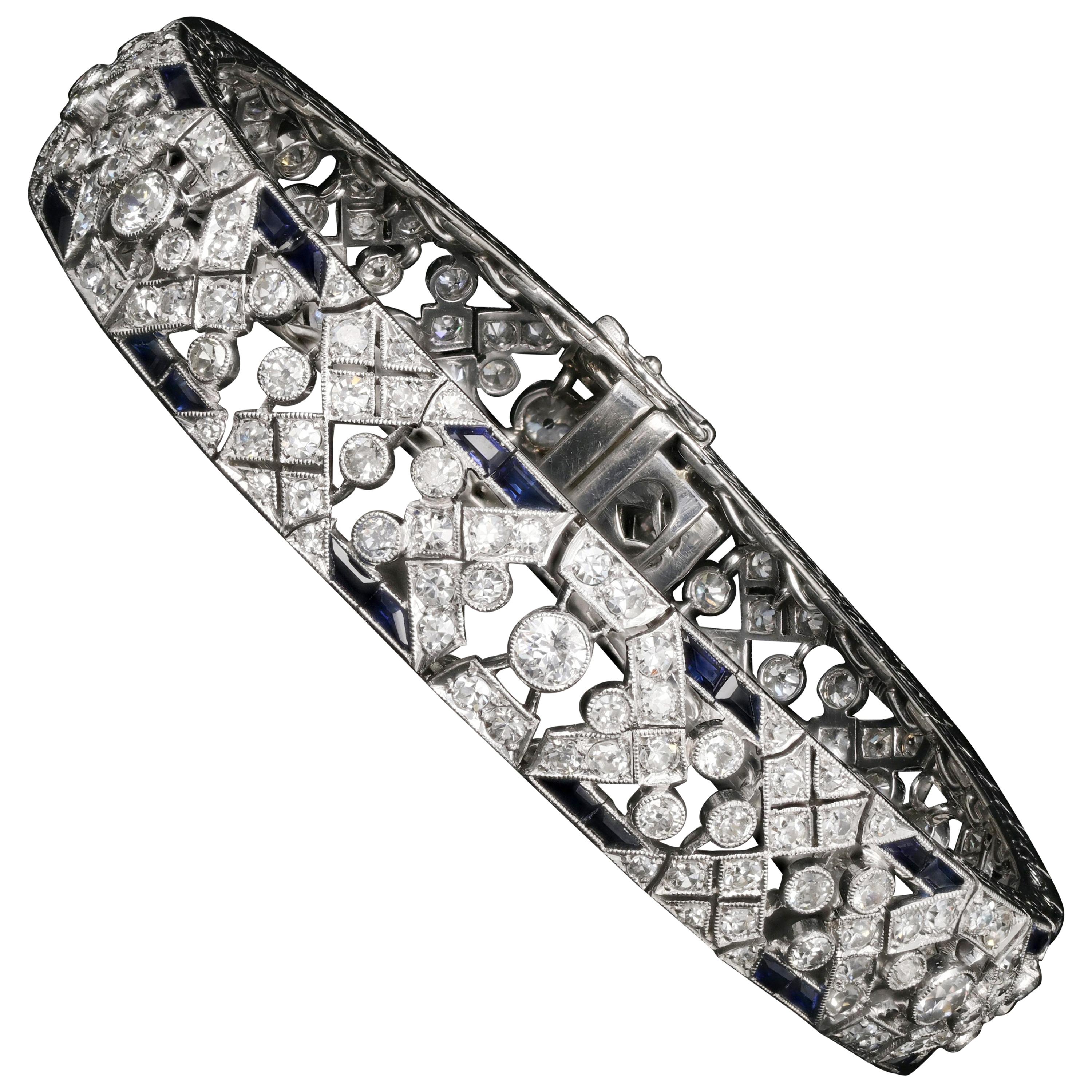 French Art Deco Platinum Diamond and Sapphire Bracelet, circa 1920s