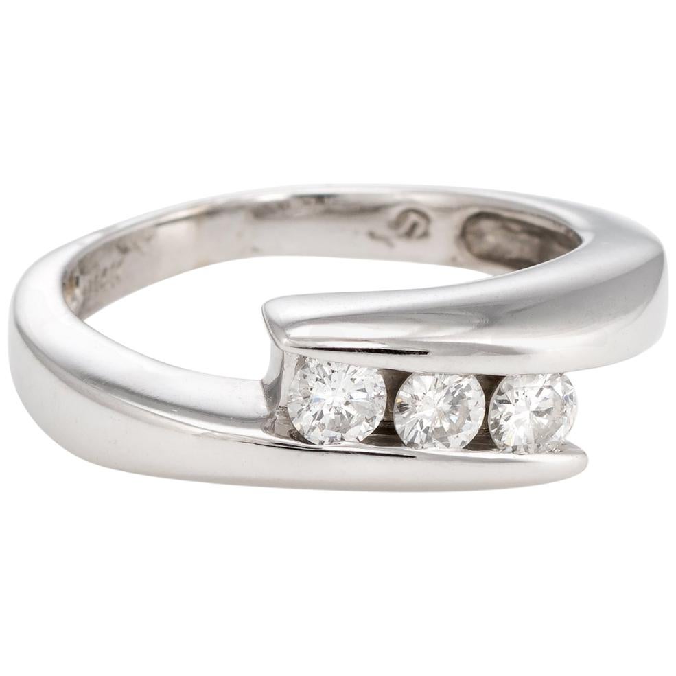 Estate Three-Stone Diamond Ring 14 Karat White Gold Wedding Band Fine Jewelry