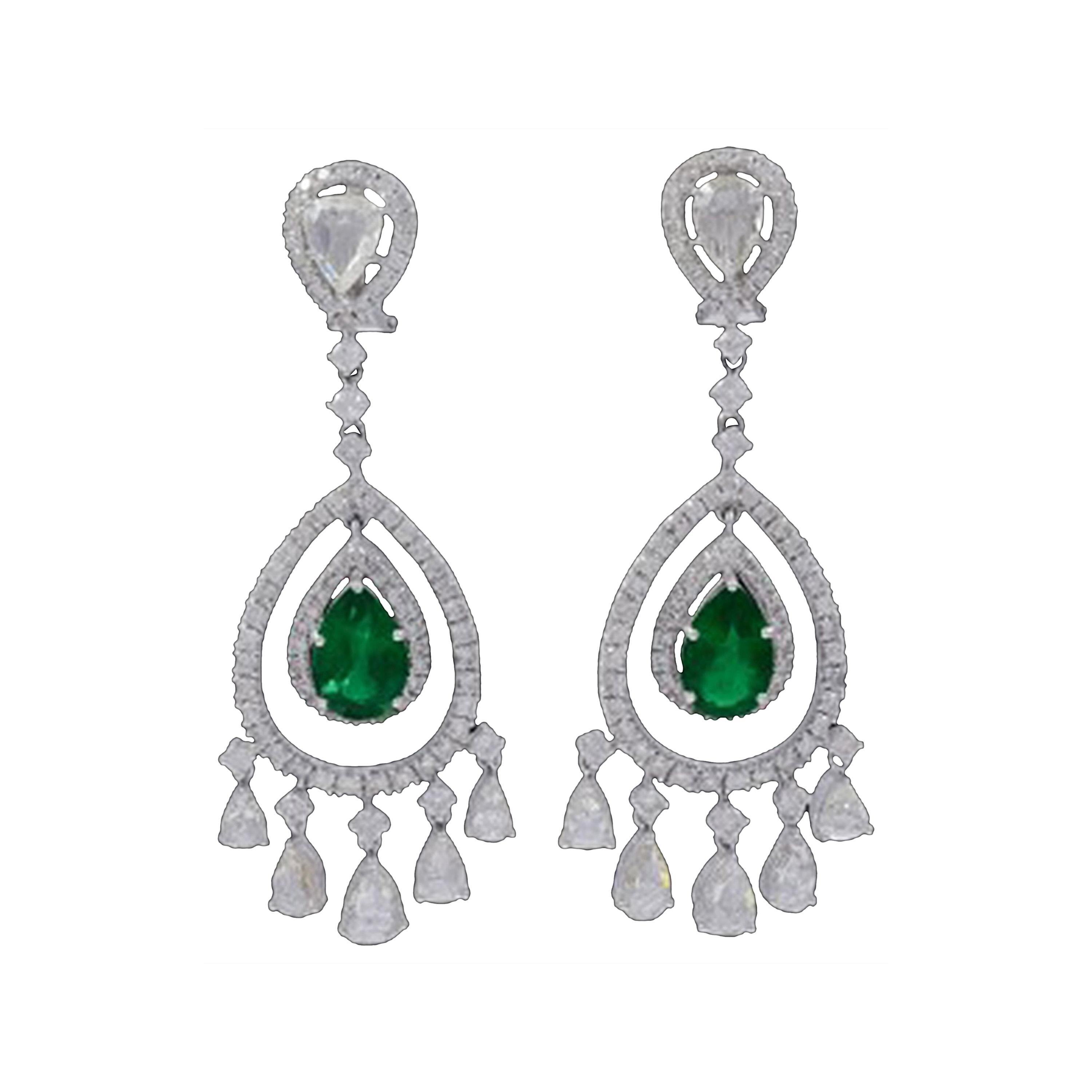 GIA Certified 6.5Ct Zambian Pear Emerald Diamond Hanging/Drop Earrings 18KW Gold